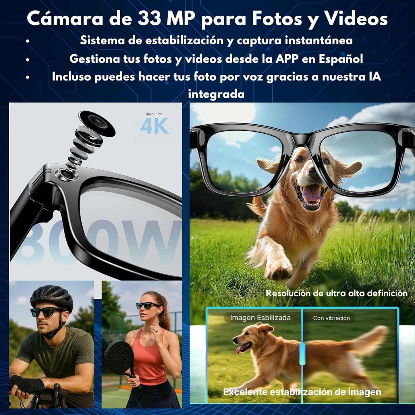ProRaises® - Gafas inteligentes con cámara 4K, música, llamadas, traducción e inteligencia artificial 16G